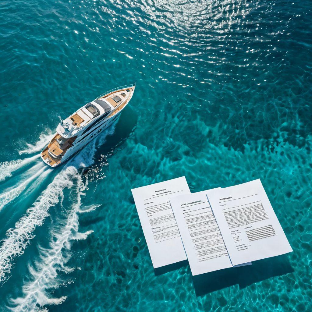 A visually engaging split image showcasing a luxurious yacht on one side and a sleek personal watercraft on the other, both floating serenely on crystal-clear turquoise waters. Include elements like insurance documents and calculators subtly integrated into the scene, symbolizing financial protection. The background should depict a sunny day with gentle waves and a distant island, evoking a sense of adventure and freedom. vibrant colors. super-realistic. nautical theme.
