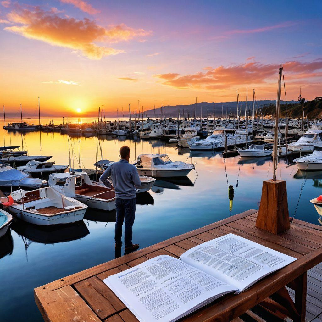 An illustration of a serene marina at sunrise with various boats docked, showcasing diverse types of vessels—some sailing, others anchored. In the foreground, a confident individual is reading a guidebook titled 'Boat Insurance' while a friendly insurance agent gestures nearby, pointing to a chart detailing marine coverage. The scene should exude tranquility and clarity, symbolizing guidance and knowledge. vibrant colors. super-realistic.