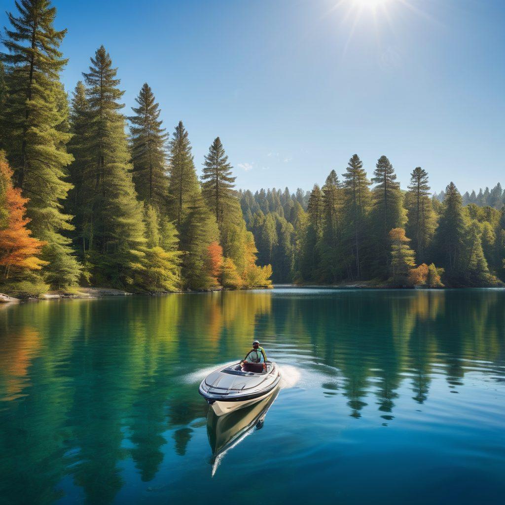 A serene scene of various watercraft including a sailboat, kayak, and jet ski on a sparkling lake, surrounded by lush trees and a clear blue sky. Incorporate visual elements that represent insurance coverage, like floating documents or shield symbols in the background. Emphasize a vibrant and inviting atmosphere, showcasing the joy of boating while hinting at safety and protection. vibrant colors. super-realistic.